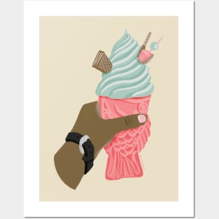 Blush and Mint Taiyaki Soft Serve Swirl Ice Cream in Jelly Gouache Posters and Art